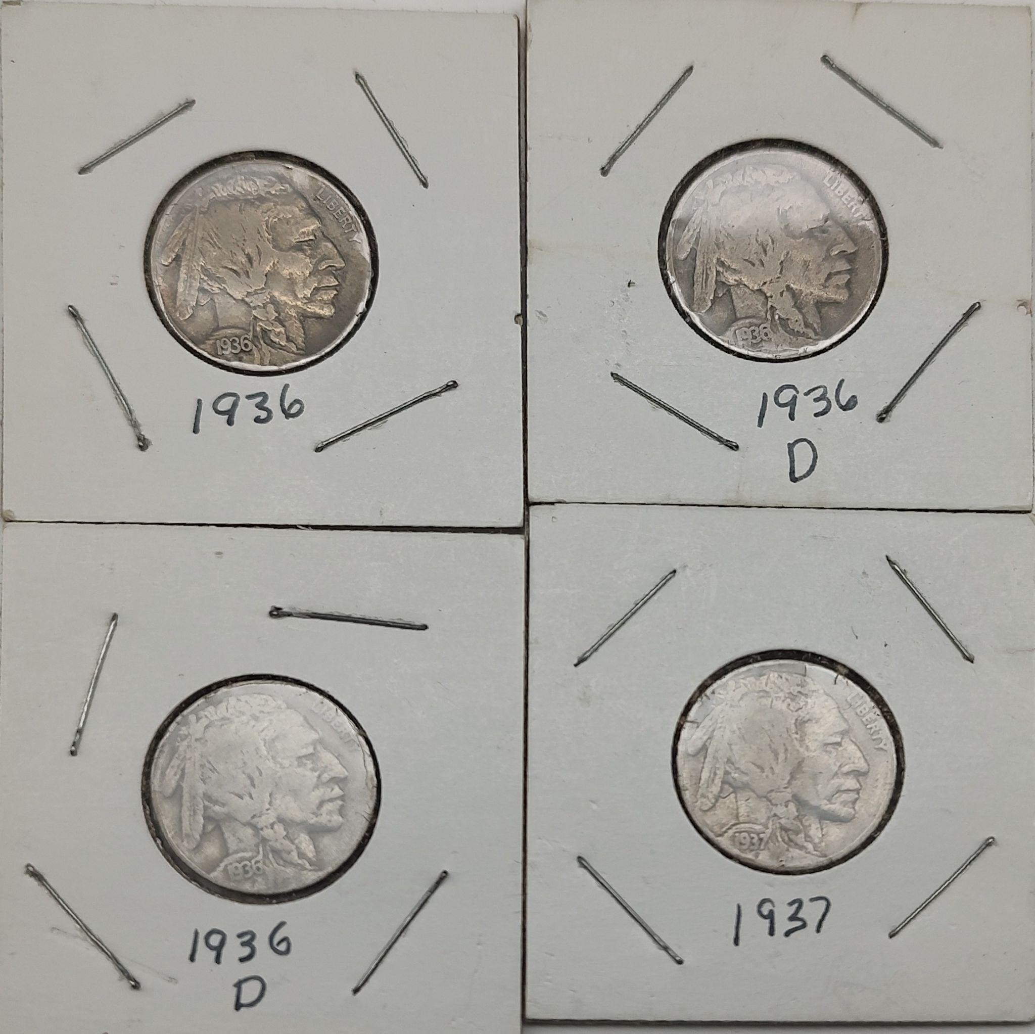 4 Buffalo Nickels-1936,2x 1936-D, 37