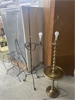 Heavy brass floor lamp, metal plant stand and