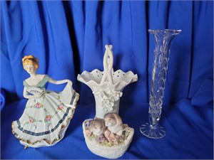 crystal vase, figurines, basket