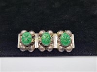 STERLING SILVER TAXCO CARVED GREEN STONE BROOCH