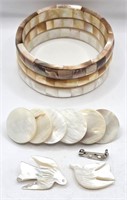 Mother of Pearl Bracelets, Small Bird Pins &