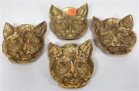 4 Brass Cat's Faces Ashtrays - 3.5"