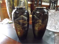 pair Japanese 7" vases w/silver inlay