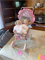 Doll stroller and 2 dolls