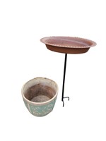 12" Ceramic Planter and Plastic Birdbath