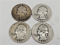4- 1941 S Washington Silver Quarter Coins
