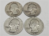 4- 1943 S Washington Silver Quarter Coins
