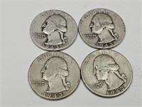 4- 1943 Washington Silver Quarter Coins