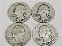 4- 1940 S Washington Silver Quarter Coins
