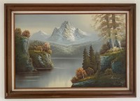 Framed Oil Painting of Mountain Scene by