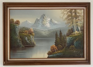 Framed Oil Painting of Mountain Scene by