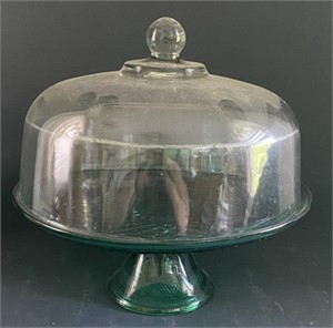 Green Glass Cake Stand, 11" x 11"