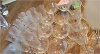LARGE ASSORTMENT OF ETCHED FLOWER GLASSES/ PLATES