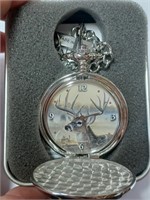 Deer Scene Silvertone Pocket Watch w/ Chain