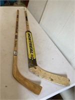 Retro wood hockey sticks.