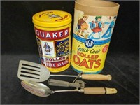 Quaker oats tin, box and kitchen tools