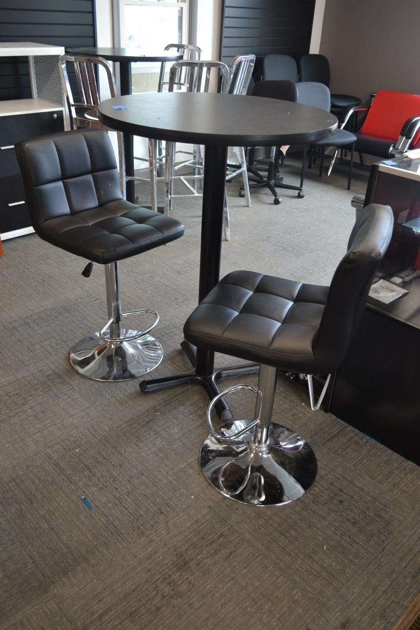 28: Bar height round table with 2 stools.