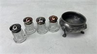 Salt and pepper, shakers, and mini caldron