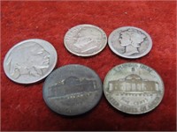 (5)US Coins. Silver dimes, war nickels, buffalo