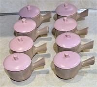 (8) pink & gray handled soup bowls, signed