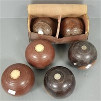 6 antique lawn bowling balls, 2 in fitted case