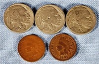 3 Buffalo Nickels and 1884 & 1891 Indian Heads