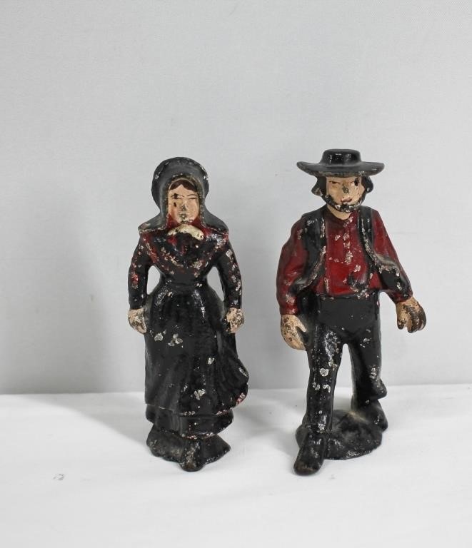 Pair Antique Cast Iron Amish / Menonite Figurines