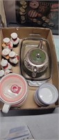 BOX LOT OF SALT AND PEPERS AND DISHES