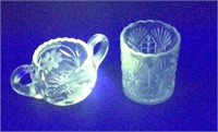 Manganese Glass UV Green Sugar Bowl and Vase