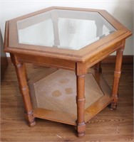 Vtg Hexagonal Solid Wood Cane Beveled Side Table