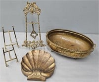 Brass Tabletop Easel; Shell Bowl & Lot