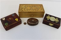 4 Vintage Wood, Leather, Enamel Trinket Boxes