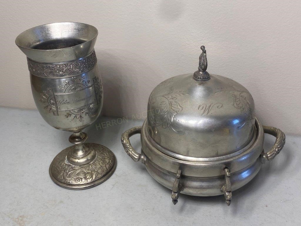 Pewter Goblet & Covered Bowl