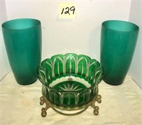 Green Crystal Candy Dish and Vases