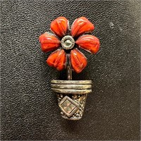 Sterling Silver Marcasite Enamel Flower Pin