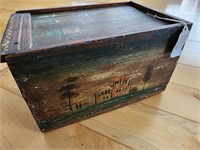Antique Paint Decorated Primitive Wood Box w Lid