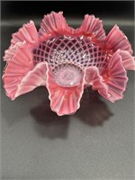 1920 Fenton Opalescent Ruby Lattice Ruffle bowl