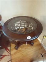 wood metal scroll with glass end table