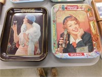 Two Coca Cola trays, 1925? flapper girl in blue