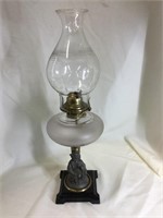 Vintage oil lamp.  Stone base.  19” tall
