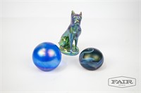 Iridescent Glass Dog Figurine and 2 Paperweights