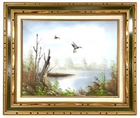 Oil on Canvas, Ducks in Flight Over Lake, Unsigned