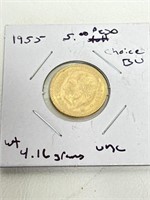 1955 $5 Peso 4.16 g Gold Choice BU UNC