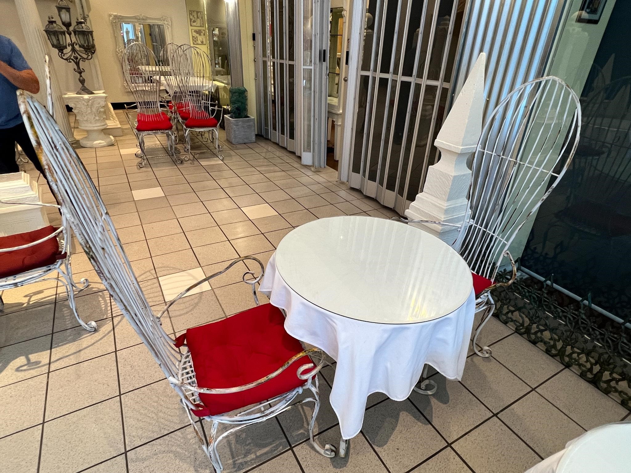 White Antiqued Metal Patio Table and 2 Chairs