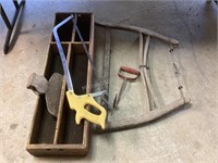 Wood Box, Saws, Hay Hook & Ax Head