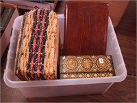 Container of wood boxes, some with inlay, woven