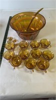 13pcs Iridescent Amber Carnival Glass punch bowl
