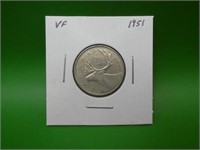 1951 Canadian .800 Silver Quarter  V F