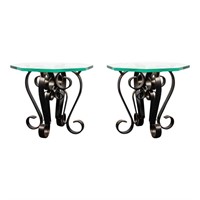 Scrolled Metal Glass-Topped Side Tables, Pair