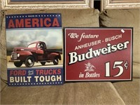 2 tin signs Budweiser & Ford